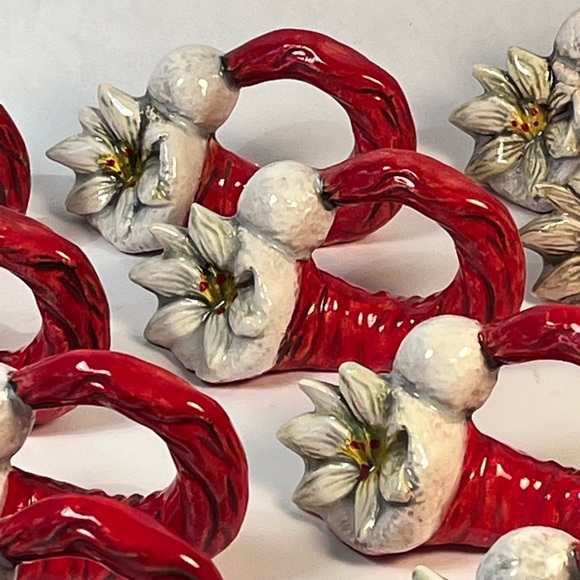 Napkin Rings Christmas Santa Hat White Poinsettia Hand Made Art Deco ￼holidays - Picture 3 of 8